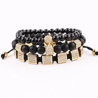 luxury men bracelet jewelry cz pave square crown charm natural stone onyx beaded bracelet set for man