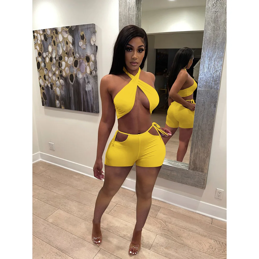 

Sexy Cross Bandage Crop Top + Shorts Club Party Two Piece Set Women Outfits