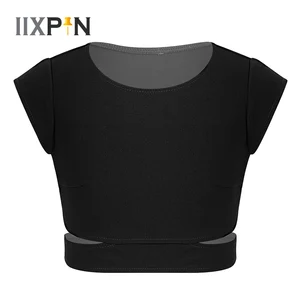 Детские танцевальные укороченные топы для девочек, эластичные майки с вырезом на талии и рукавами-крылышками, бюстгальтер, топы для балета, танцев, выступлений, тренировок