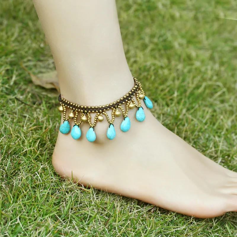 

European and American Bohemian style Mancheng jewelry semi gem Thai wax rope hand woven sexy bell Anklet female