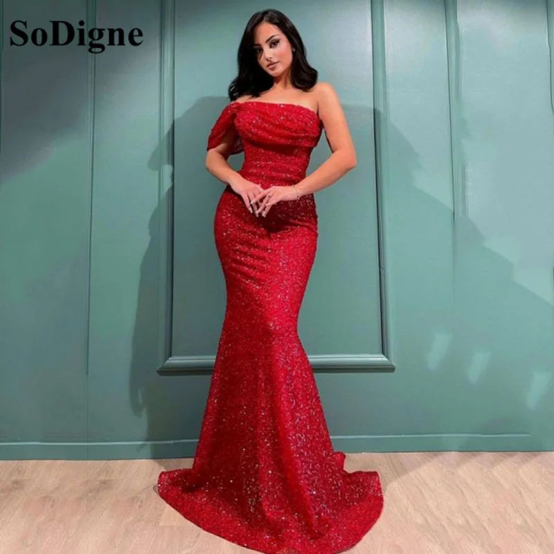 SoDigne Red  Glitter Sequin Long Women Prom Dresses One Shoulder Beaded Sequined Mermaid Evening Gowns Formal Party Dress (0)