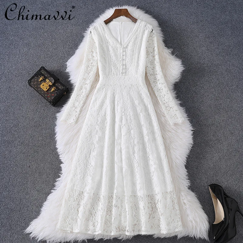 

2021 Autumn Women Clothing New Fashion V-neck Hollow Lace Long Sleeve Dress High Waist Slimming Elegant White Midi A- Line Dress