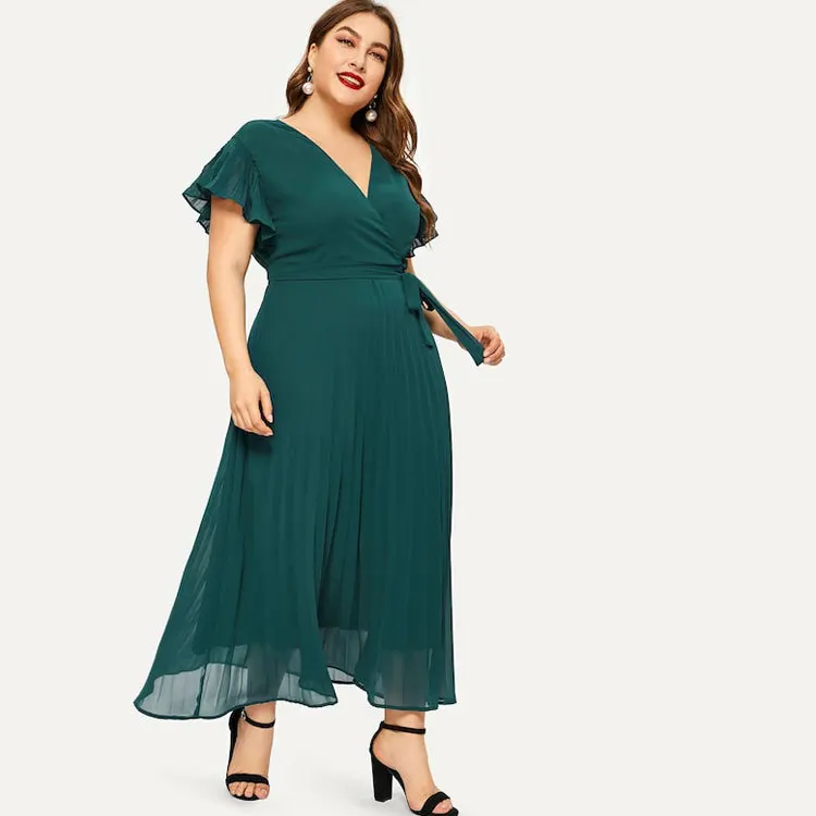 

Plus Size Women Dress 2020 Fashion V-neck Chiffon Dress Lady Elegant Petal Sleeves Waist Slimming Pleated Dress Vestidos 5xl