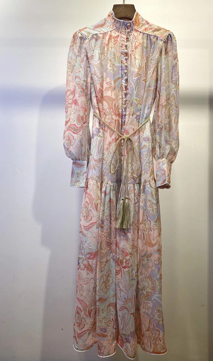 

Vintage Chiffon Dress Women 2021 Summer Puff Sleeve Stand Collar High Waist Holiday Maxi Dress Elegant Printed High-End Vestido