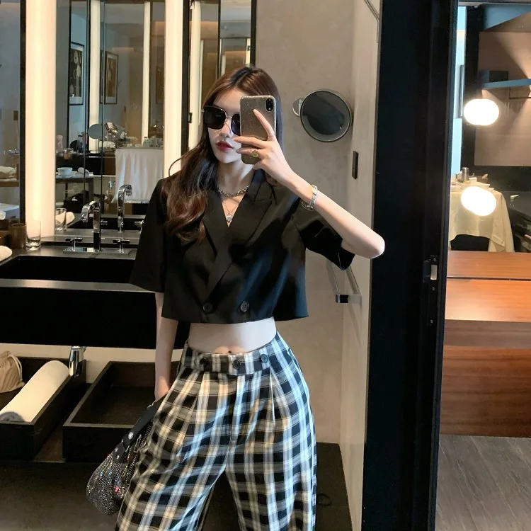 

Loose high waist plaid wide-leg pants women 2021 summer small suit jacket with short sleeves short suit