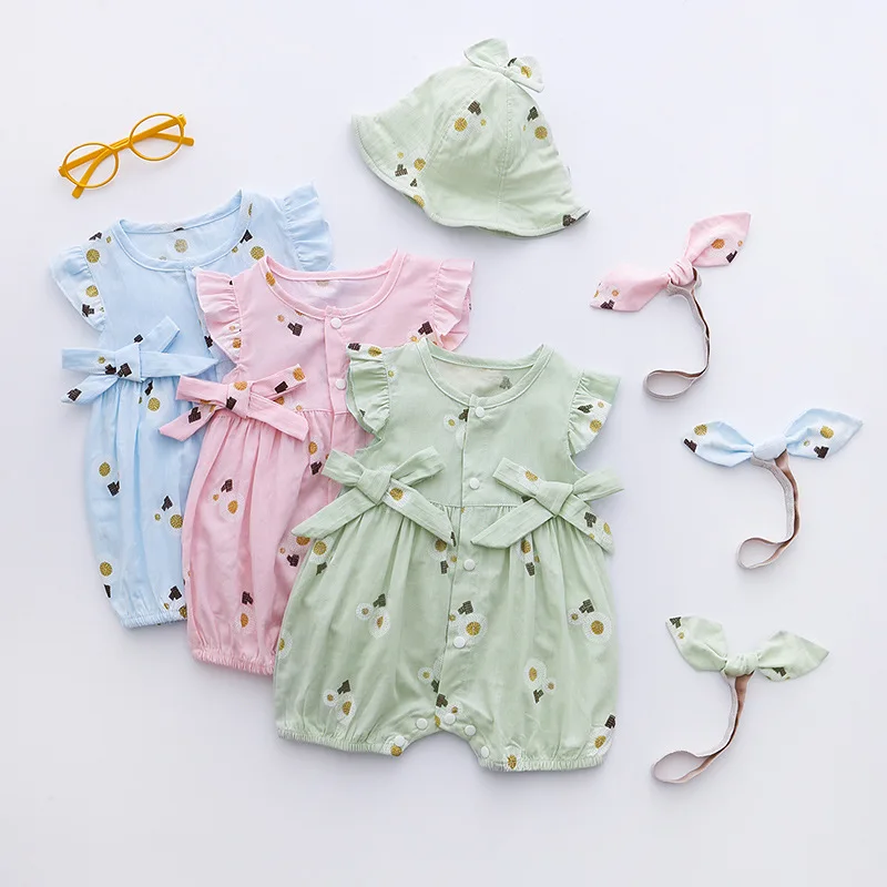 

Хлопковая одежда для новорожденных с цветочным рисунком, детские комбинезоны с повязкой на голову или шляпой, комбинезон для маленьких мал...