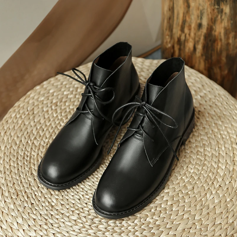 

Genuine leather Women's Boots lace up Round Toe low heels Heels ladies ankle boots Autumn Winter Party Casual Basic Shoes Woman