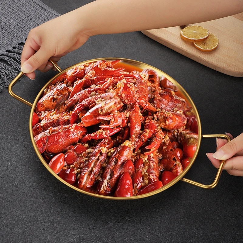 

Gold plated Stainless Steel Seafood Plate Restaurant Binaural Crayfish Plate Thick Flat-bottomed BBQ Griddle Fried Chicken Plate