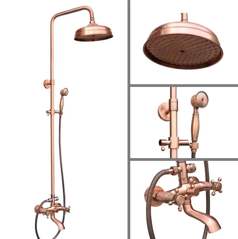 

Antique Red Copper Wall Mounted 8 inch Rain Bathroom Rainfall Shower Faucet Set with Hand Spray Shower Head Tub Mixer Tap 2rg511