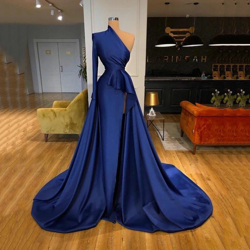 

Royal Blue Evening Dresses One shoulder Satin Floor Length Prom Dresses Formal Gown Elegant Long Party Dress Vestido De Festa