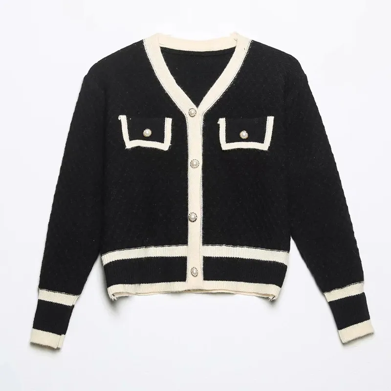 

ZA 2021 autumn new women's clothing fashion all-match casual European and American style pearl buckle knitted cardigan