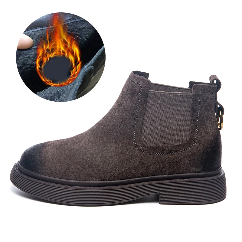 brown with fur Осенняя обувь из натуральной кожи; botas mujer; женские ботинки «Челси»; botas mujer; женские ботинки; женские ботильоны с перекрестной шнуровкой - Цвет: brown with fur