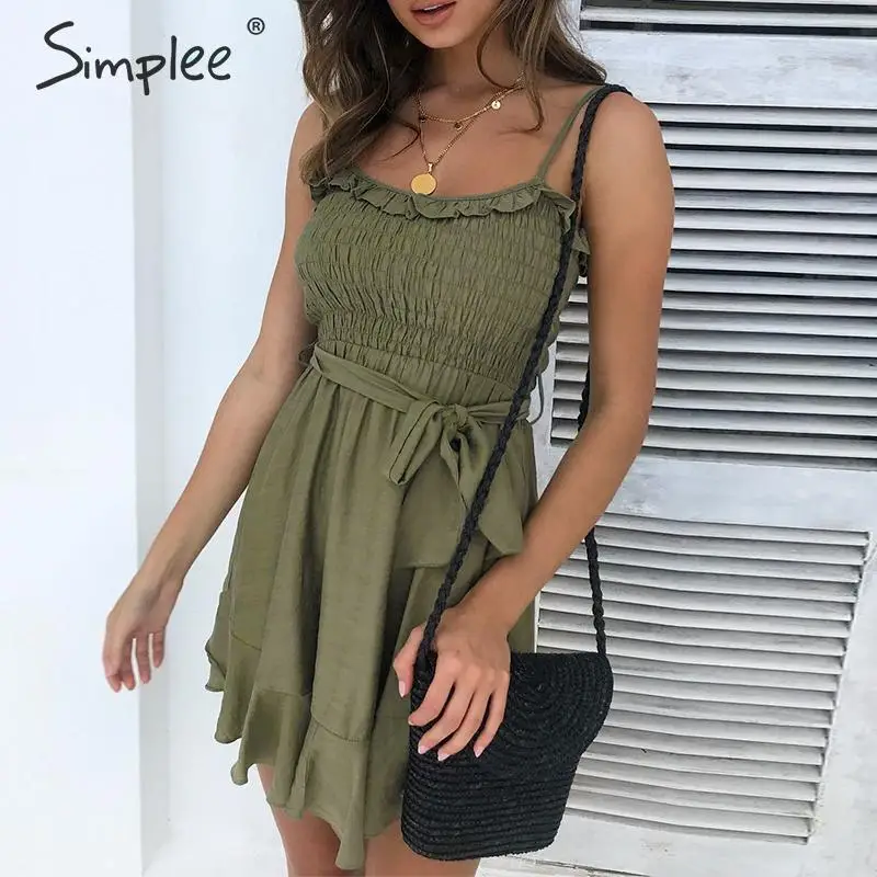Simplee Спагетти ремень плиссированное платье без рукавов женское с рюшами Высокая