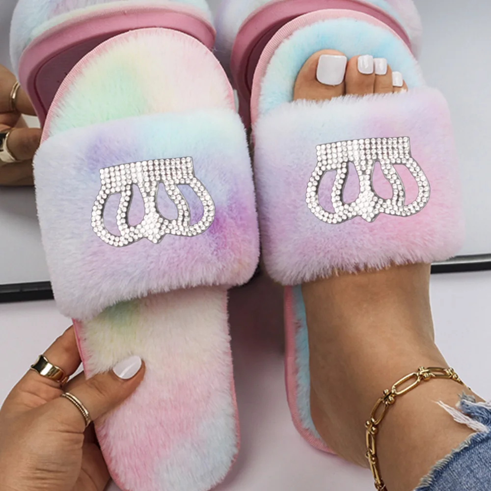 Women's Slippers Rhinestone Silver Crown Fluffy Faux Fur Slides Flat Sandals Custom Winter Slippers Flip Flops Designer Shoes