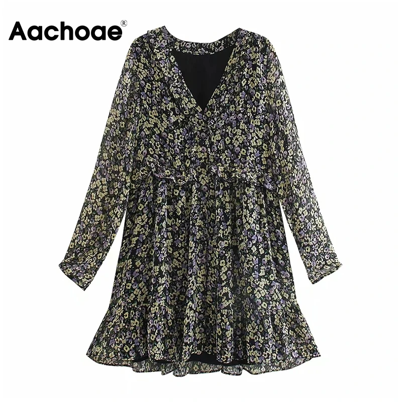 Мини-платье Aachoae с V-образным вырезом и цветочным принтом прозрачным длинным