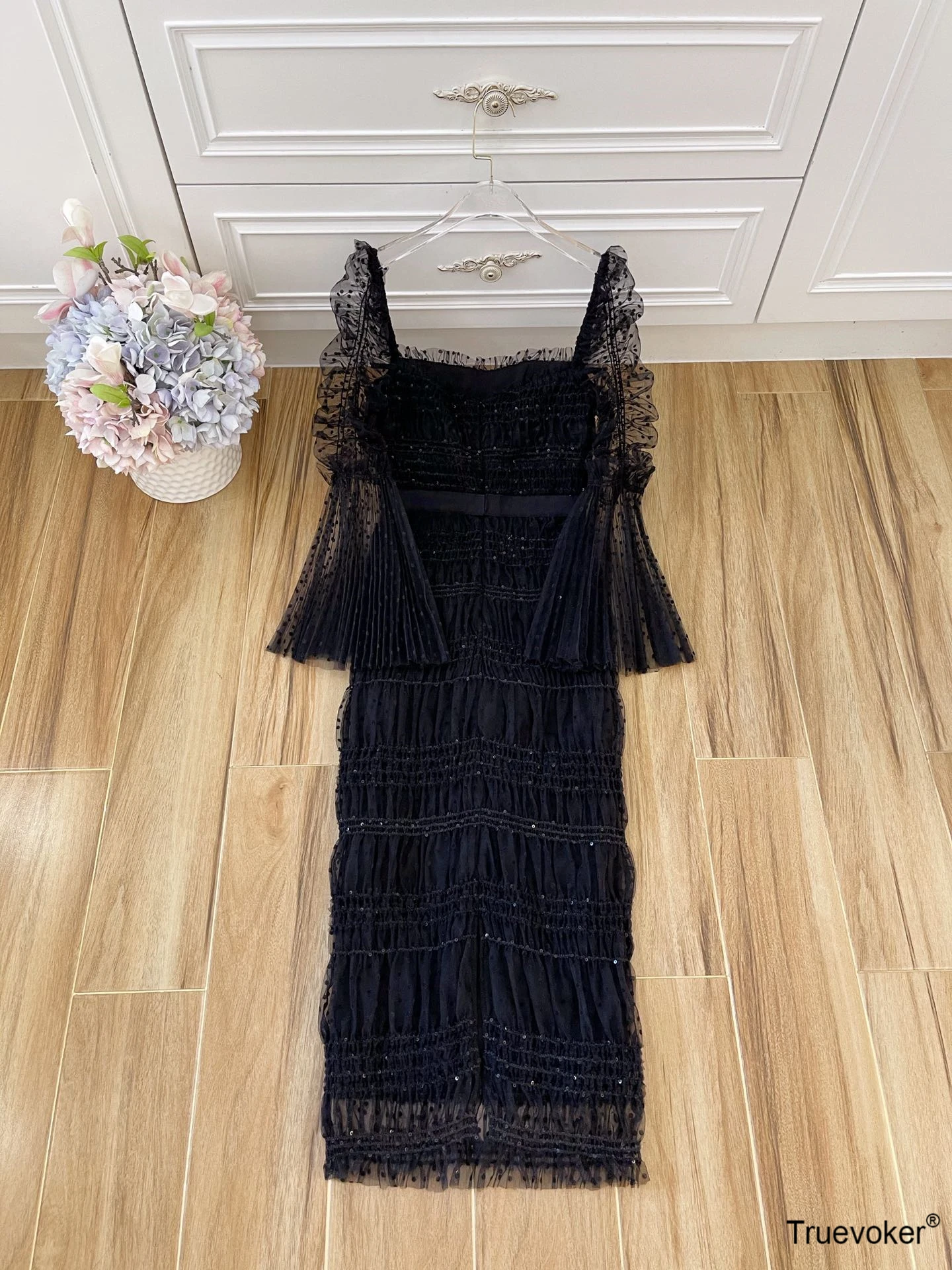 

European Runway Lace Prom Dress Women's Flare Sleeve Square Collar Black Lace Sequins Midi Long Festa Vestidos