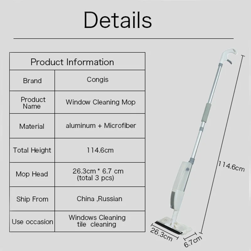 Congis New Water spray windows cleaning mop with 3pcs cloth replace Cleaning Window Cleaner Sweeper Home clean tools