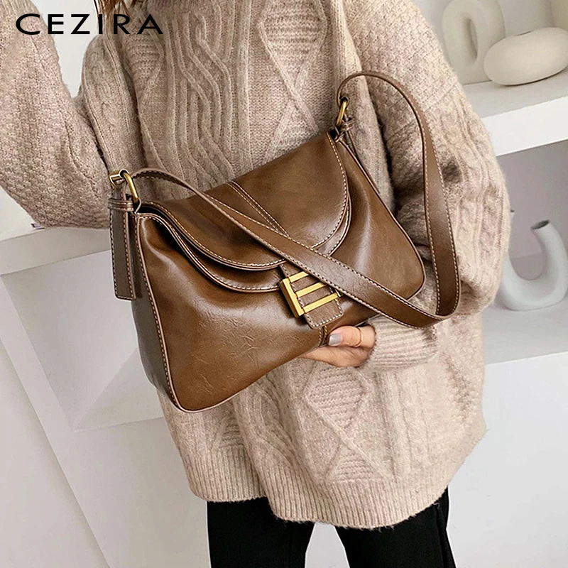 

CEZIRA Women's Flap Satchel Bag Ladies Vintage Top-handle PU Leather Hobo Girls Fashion Button Cover Handbag Female Shoulder Bag