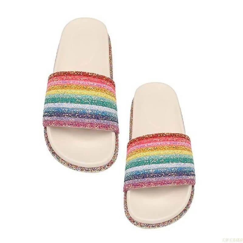 

2020 women Rainbow Bling Slippers shoes woman Summer Beach Ladies Slides Flats Shoes Home Women Slipper Outdoor Footwear Sandal