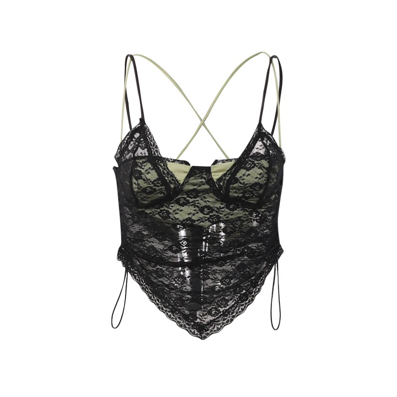 

Patchwork Lace Short Vest for Women Square Collar Sleeveless Fake Two Sexy Vests Female Fashion New Clothing Style