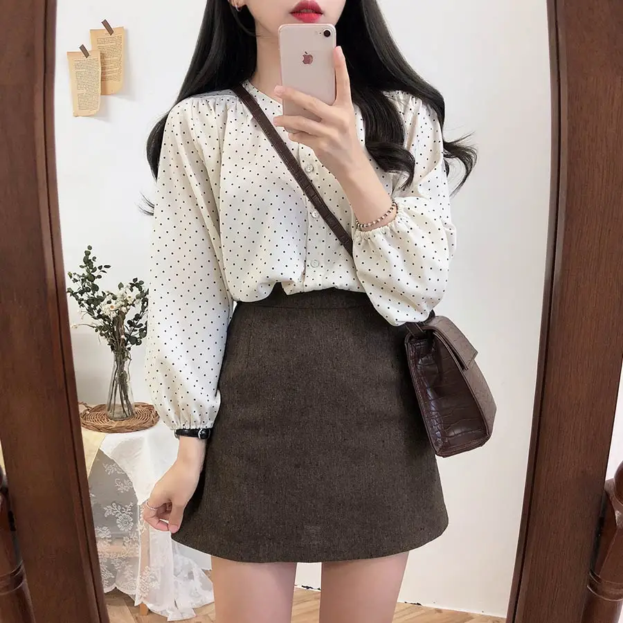 S XL, Новая Винтажная рубашка в горошек, женские топы, женские блузки с длинными рукавами для девочек, большие размеры, осенние женские блузки, femme Blusas