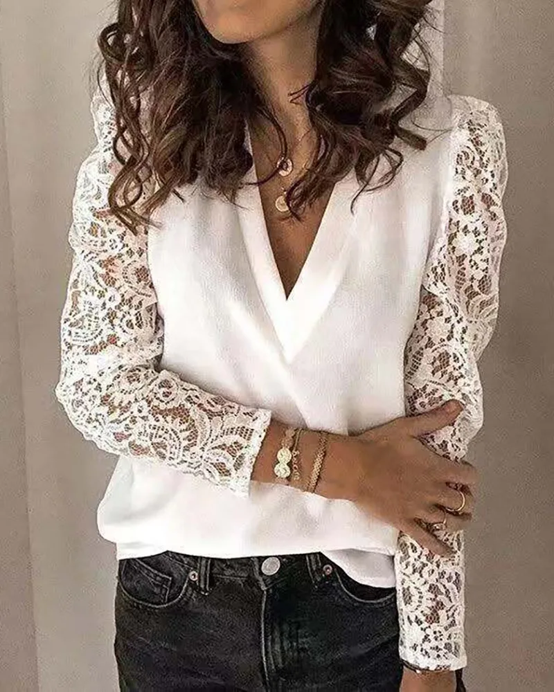 

Women Lace Blouse 2020 Summer Ladies Female Blouses Tops V-neck Long Lace Sleeve Solid White Shirt Top