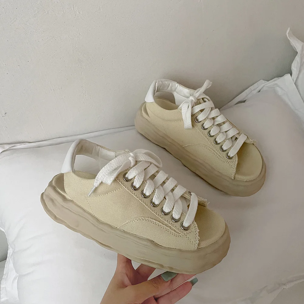 

Casual Lace-up Canvas Open-toe Sandals Women's Fashion Thick-soled Beach Shoes All-match Sandals for Outer Wear shoes