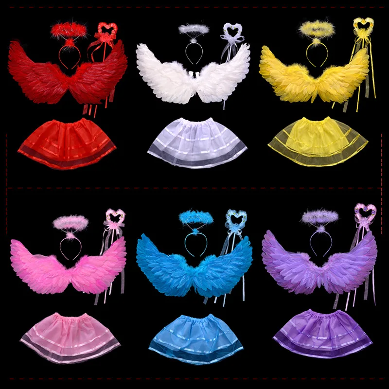 

Angel Feather Wings Halo Headband Set Girls Hair Hoop Tutu Skirt Wand Fancy Dress-up for Party White Costume Cosplay Halloween