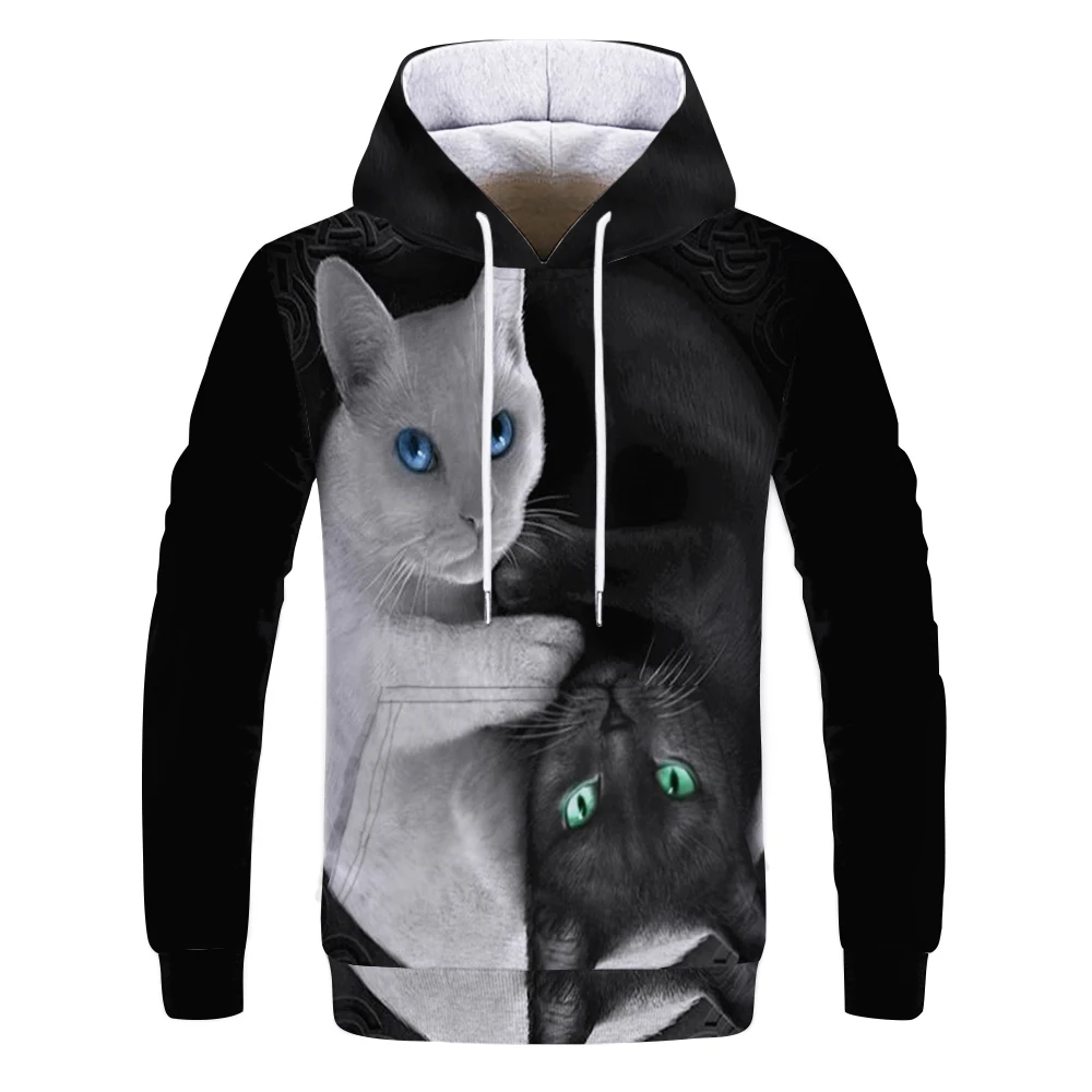 

Autumn and winter fashion new animal world white cat hoodie 3D printing men's casual trend thickening warm sweater