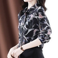 korean style shirt women 2021 early spring black printing new long sleeved silky blouse thin puff blouse korean regular