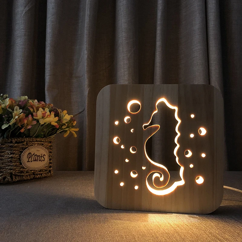 

Wood LED Neon Signs Squirrel Plaques 3D seahorse wooden Plaques Decorative Gift USB Powered carving Plaques ins Home Decoration