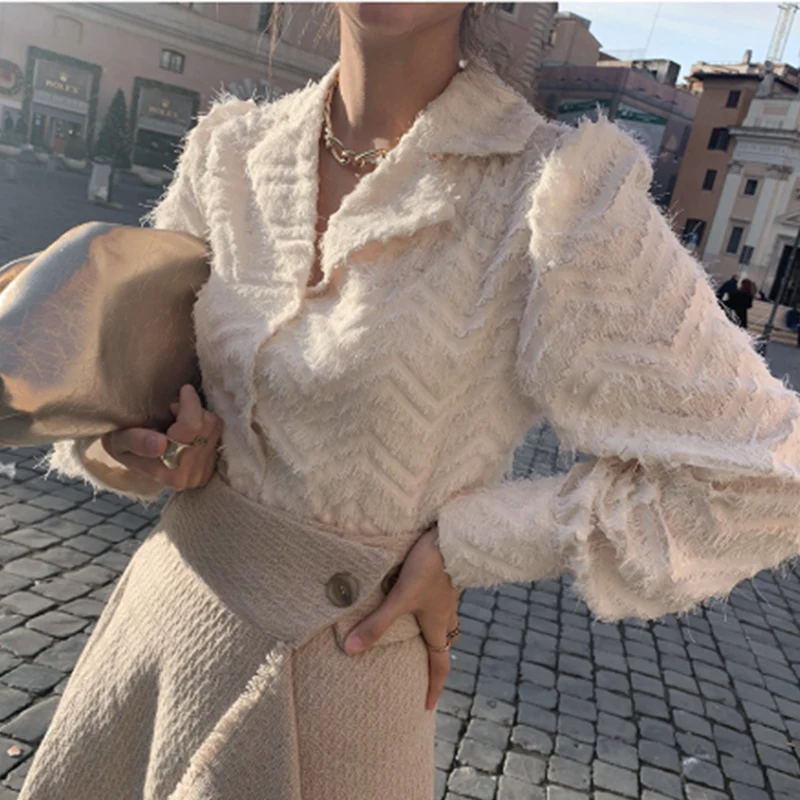 

RUGOD 2021 spring fashion lapel fringe design long sleeve shirt