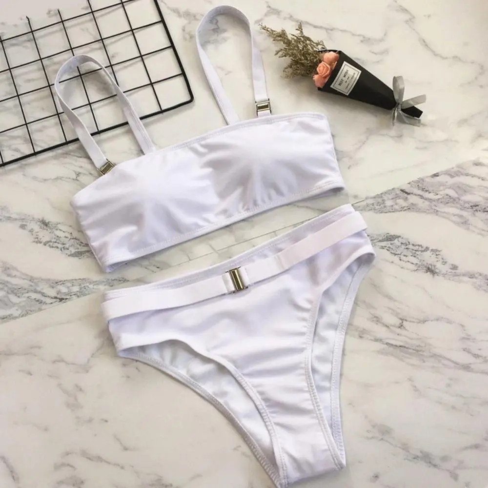 Женский купальник модный Одноцветный высокая талия с поясом бикини набор