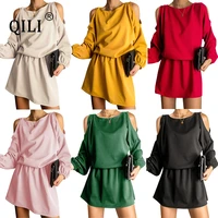 qili elegant cold shoulder long sleeve dress 2020 autumn women elastic waistband casual short dresses yellow pink green black