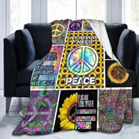 psychedelic peace sign sunflowers flannel fleece blanket for couch bed sofa ultra soft cozy warm plush
