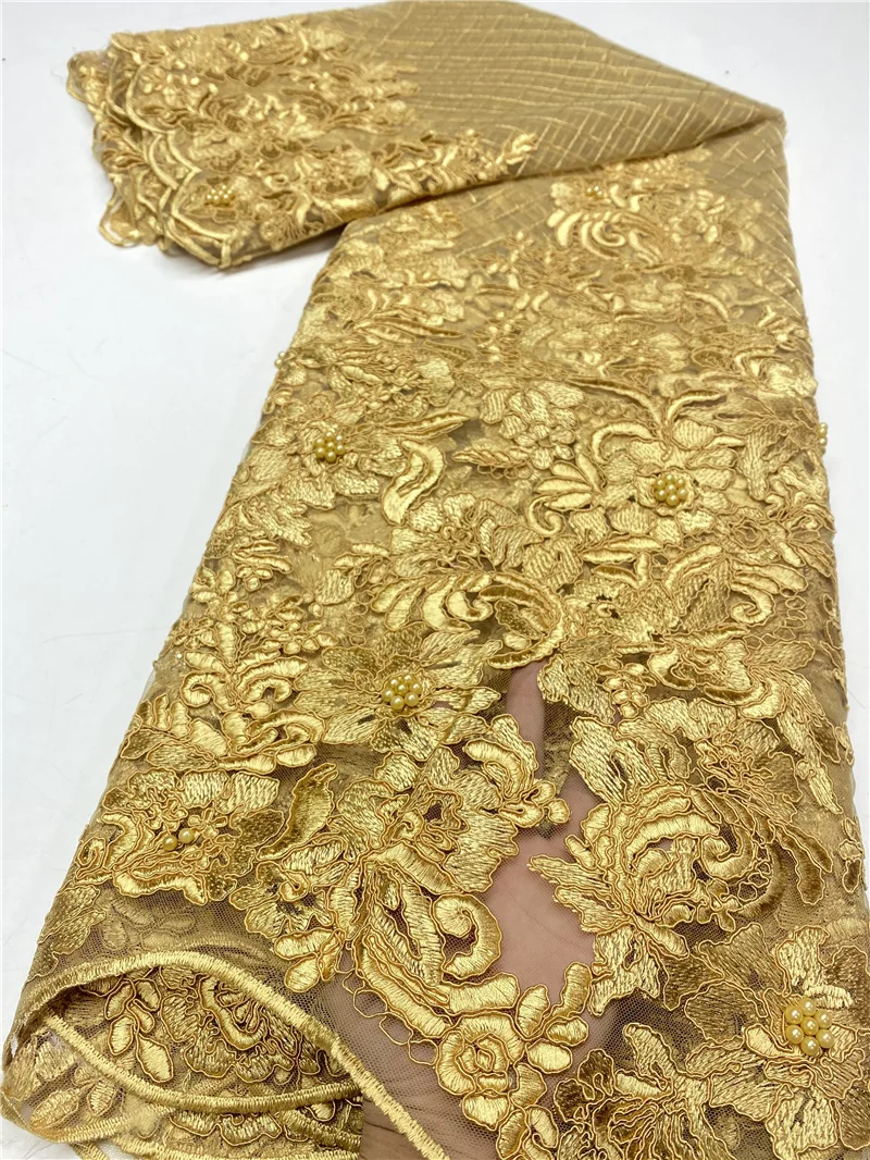 

African Lace Fabric 2020 High Quality Lace French Nigerian Beads Embroidered Tulle Lace Fabrics For Wedding Sewing YA3737B-3