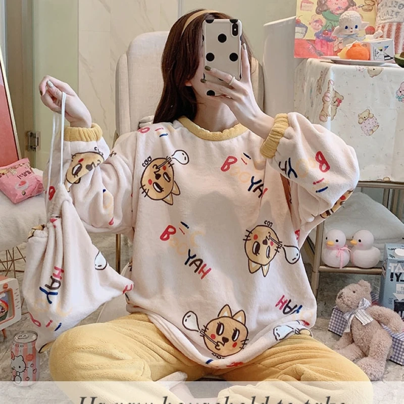 

Winter coral fleece pajamas women's fall and winter outer wear thickening plus fluffy cute winter flannel home service suit