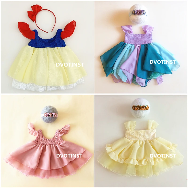 Dvotinst Newborn Baby Girl Photography Props Fotografia Princess Snow White Dress+Headband Outfits Costume Studio Photo Props