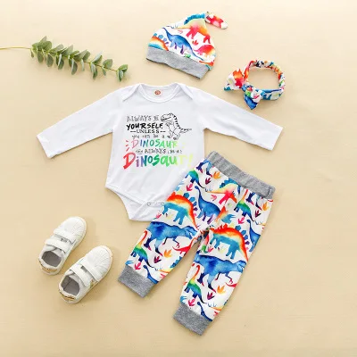 

Детский костюм pudcoco из 4 предметов с принтом динозавра, Детский комбинезон с круглым вырезом и длинным рукавом, брюки, шапка и повязка на голову на осень и весну