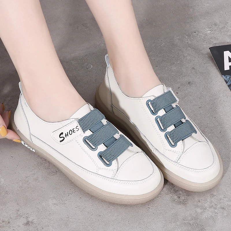 

New Arrive Genuine Leather Shoes for Women Trend Casual Flats Fashion Velcro Vulcanized Female Shoes Comfor Soft White Shoes