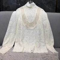 high quality new lace blouses 2022 spring summer tops women pearl beading deco long sleeve elegant lace tops blusas feminino