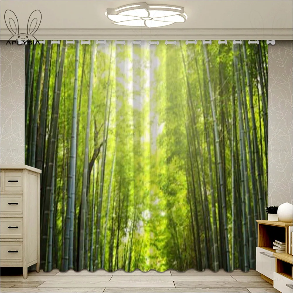 

Green Curtains Asian Bamboo Forest with Morning Sunlight and Sun Through Trees Jungle Scene Window Ultra-thin Blackout with Hook