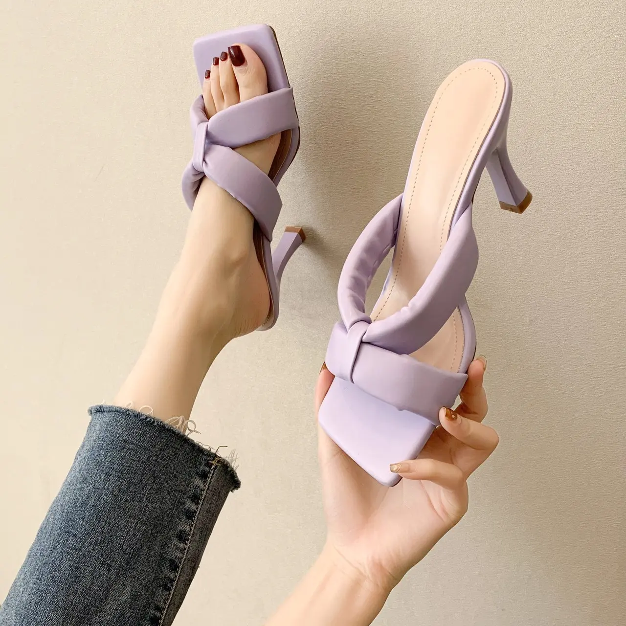 2021 Modern Slippers Women Sandals Ladies Pumps High Heels New Summer Classic Fashion Outside Thin Heels Shallow Med (3cm-5cm)