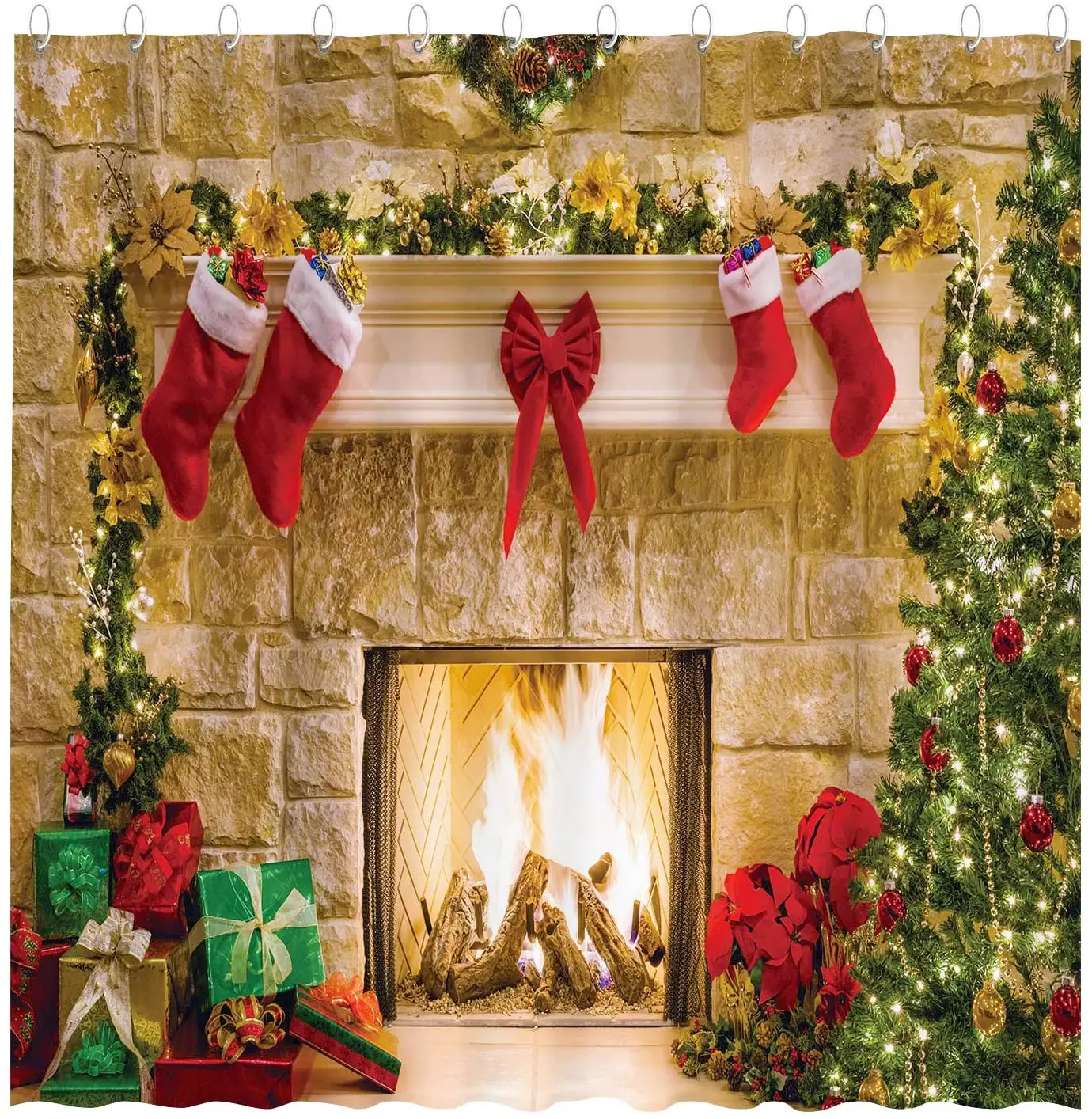 Рождественский камин душевая занавеска с крючками зимний интерьер