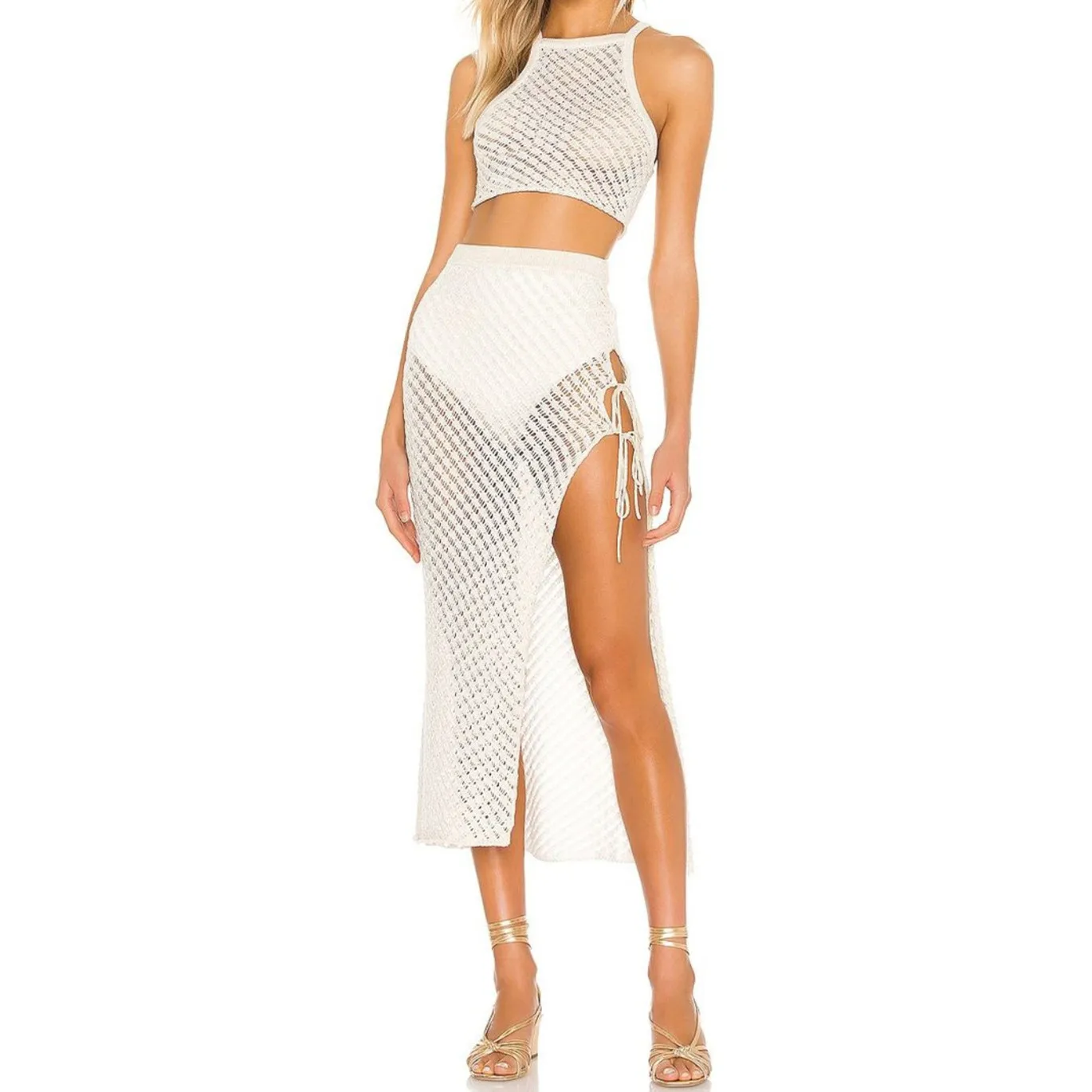 

Summer Clothes For Women Skirt Y2K Solid Hollow Out 2-Pieces Beach Cropped Sexy Mesh Knitted Bandage Long Skirts Midi White