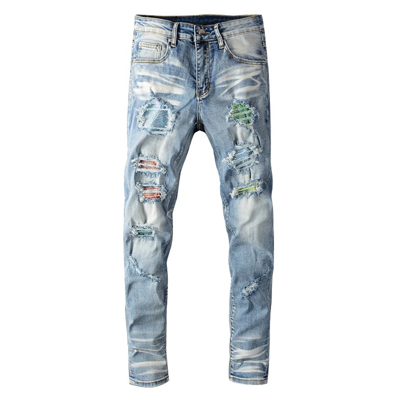 

Мужские зауженные джинсы со стразами, светло-голубые рваные джинсы скинни, уличная одежда с дырками