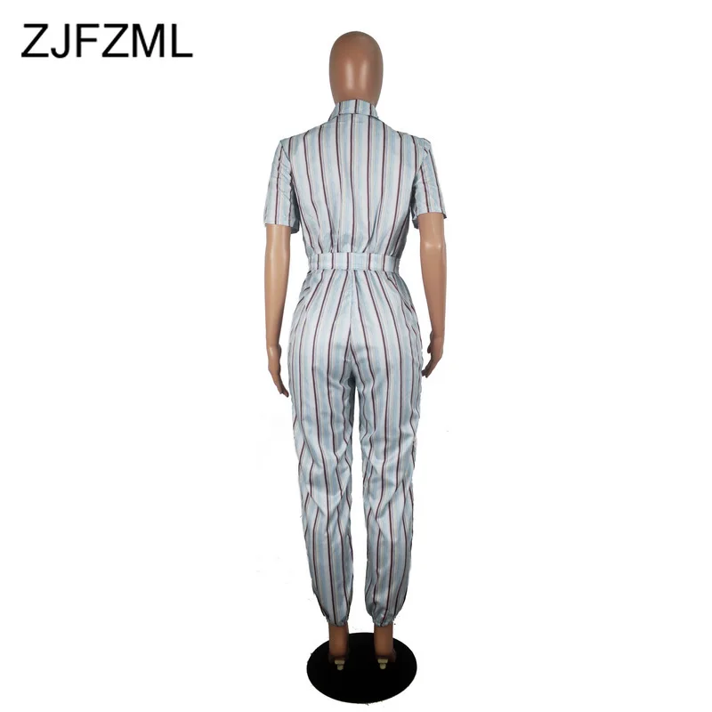 

Striped Buttons Up Sexy Overalls for Women Turn-Down Collar Waist Lace Up Causal Jumpsuit Summer Short Sleeve One Piece Playsuit
