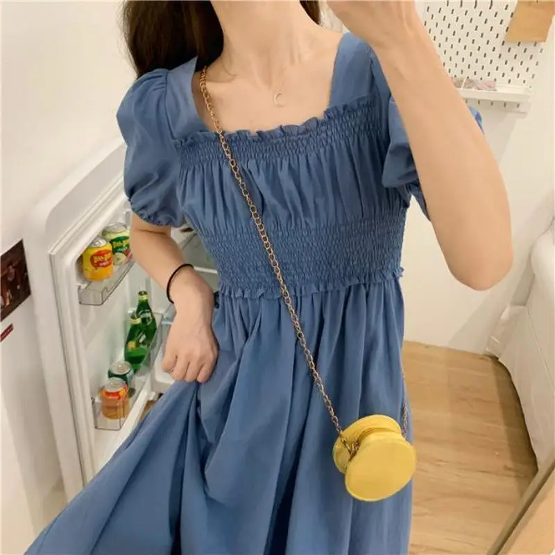 

Sleeve Dress Women Summer Short Puff Solid Pleated Square Collar Mid-calf Elegant Korean Casual Loose Dresses Womens A-line Blue
