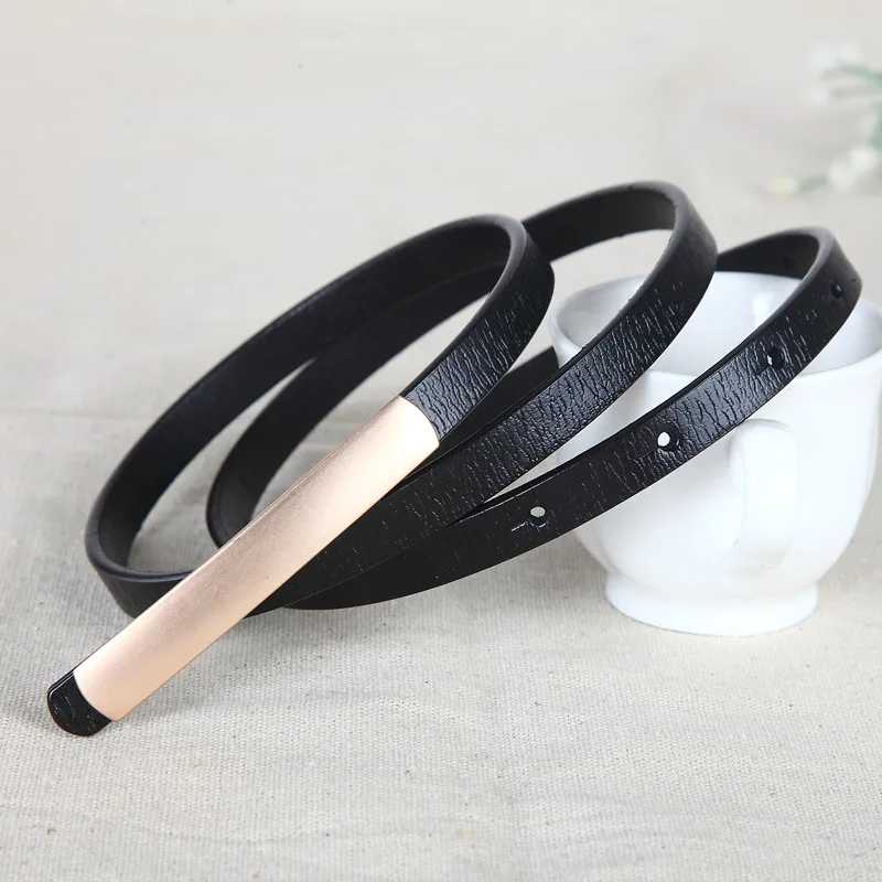 

Women Genuine Leather Thin Belt Female Gold Metal Smooth Buckle Belts Ladies Summer Skinny Dress Multicolor Waist Strap