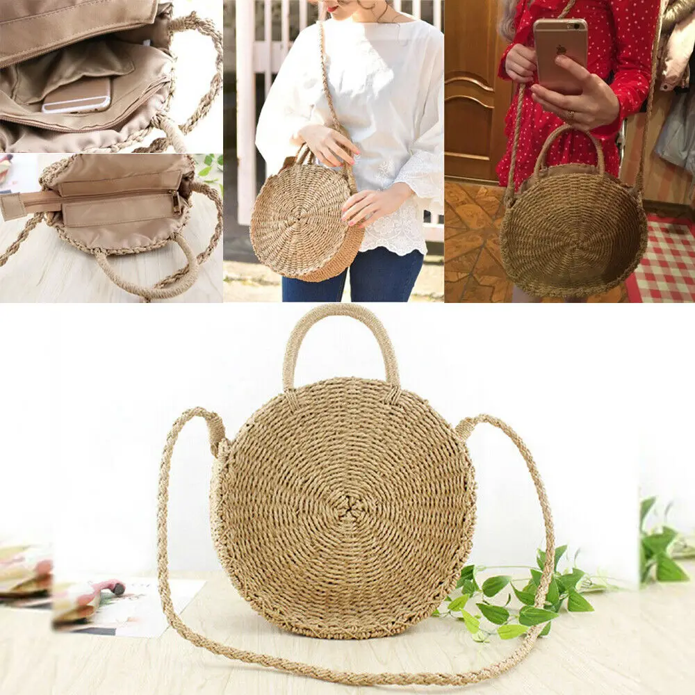 

Rattan bag female fashion hand-woven straw bag round large capacity shoulder bag bohemian beach bag